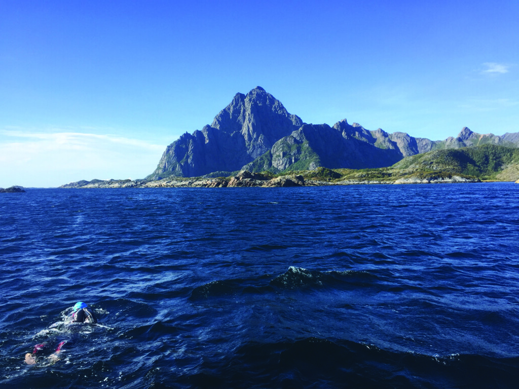Open water swimmer in a wetsuit in Lofoten