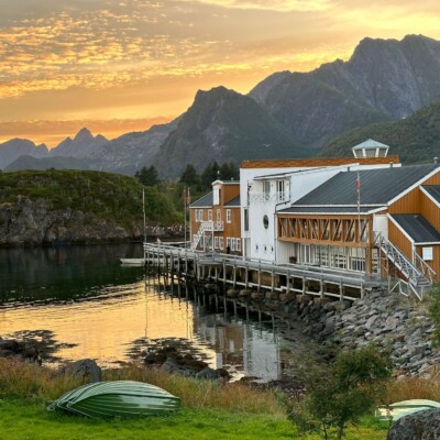 View of Lofoten Robuhotel at sunset