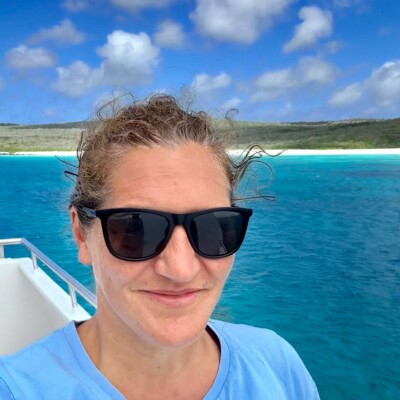 Katia Vastiau on a boat in Galapagos